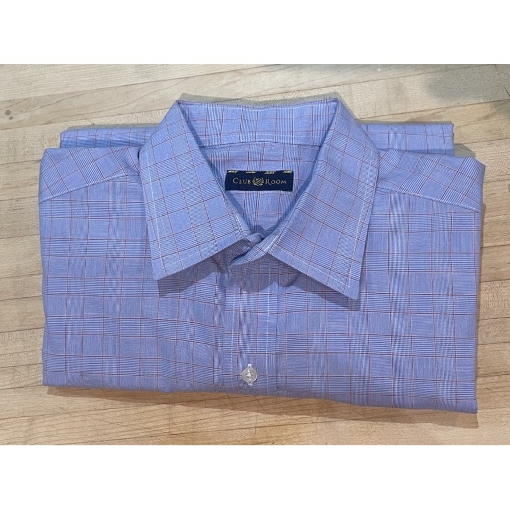 Club Room 16.5 32/33 Men's Easy Care Spring Blue Red Plaid Button Dress Shirt